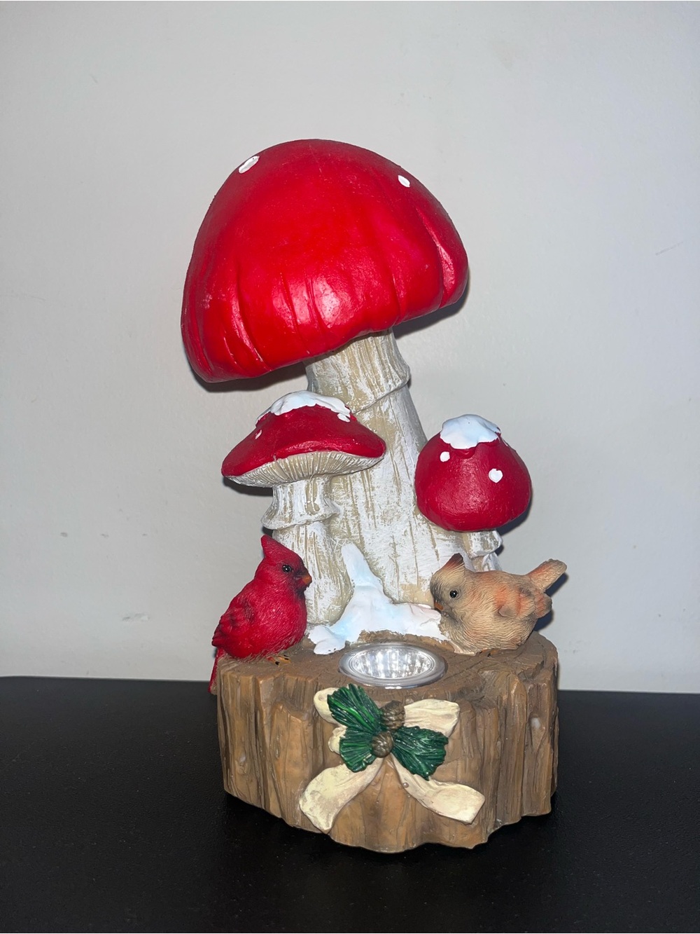 Red Mushroom & Bird Decorative Accent - Home Art or garden. Solar powered